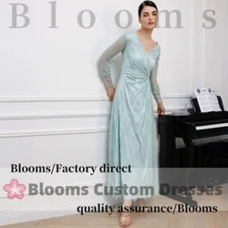 Blooms V-Neck Lace Customized Prom Dress A-Line Long Sleeve Flowers Beads Special Occasion Pleated Midi Evening Dress