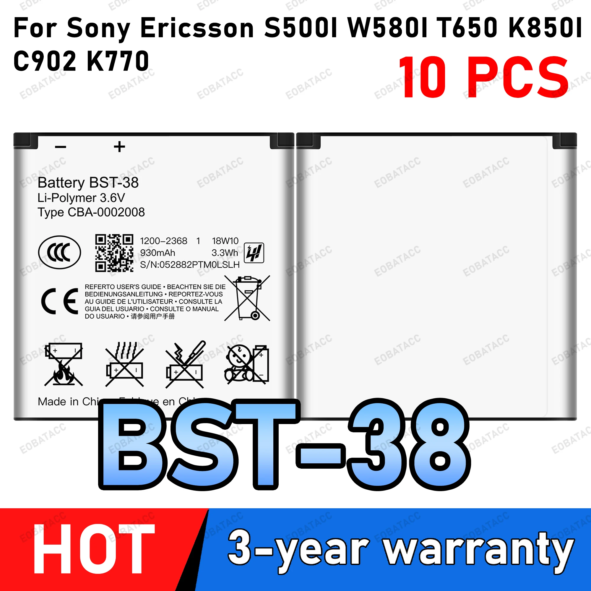 10 Pcs BST-38 Battery For Sony Ericsson S500I W580I T650 K850I C902 K770 phone Batteries Bateria