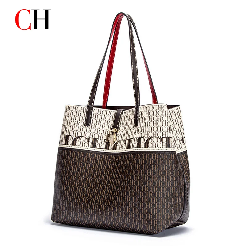 CH Women's Large Capacity Letter Print Tote Bag Elegant Lock Accent Top Handle Handbag Commuter Shopper Purse for Office