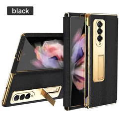 For Samsung Galaxy Z Fold 5 4 3 2 5G Luxury Leather Plating Frame Phone Case With Kickstand Front Cover Glass Protector Film