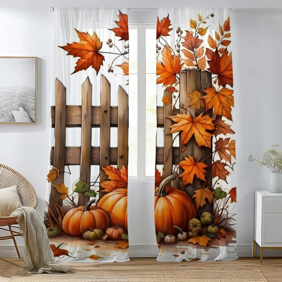2PCS Digital Print Sheer Curtain, Wood Fence Pumpkin Maple Leaf Fall Farmhouse Window Drapes for Living Room Bedroom Home Decor
