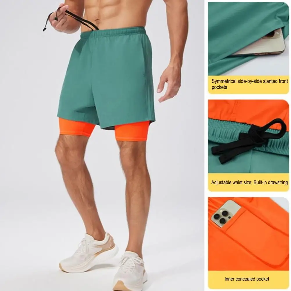 

Men Athletic Shorts Adjustable Waist Drawstring Fake Two-Piece Design Moisture-Wicking Quick-Drying Running Sport Shorts