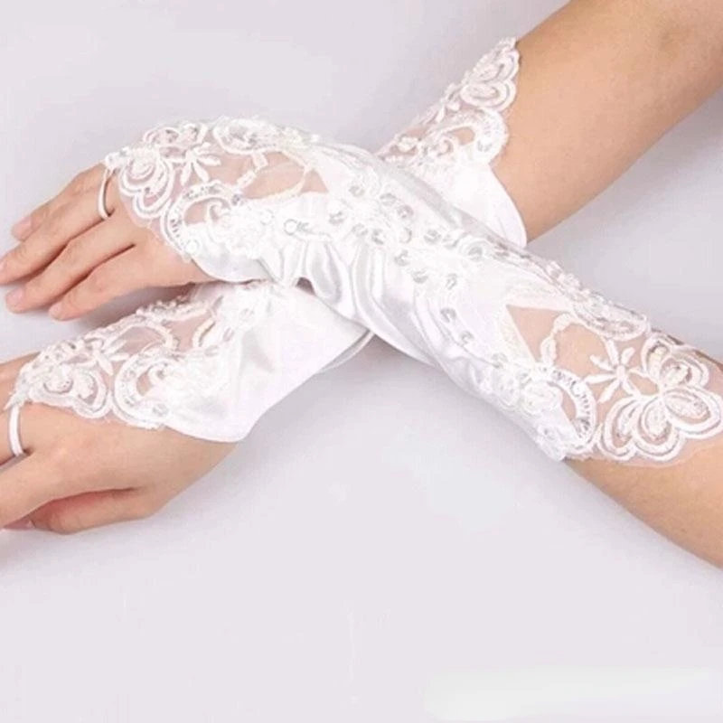 

Bridal Gloves Fingerless Short Lace Appliques Wedding Party Gloves Cheap Gloves for Brides with Beads Below Elbow Length