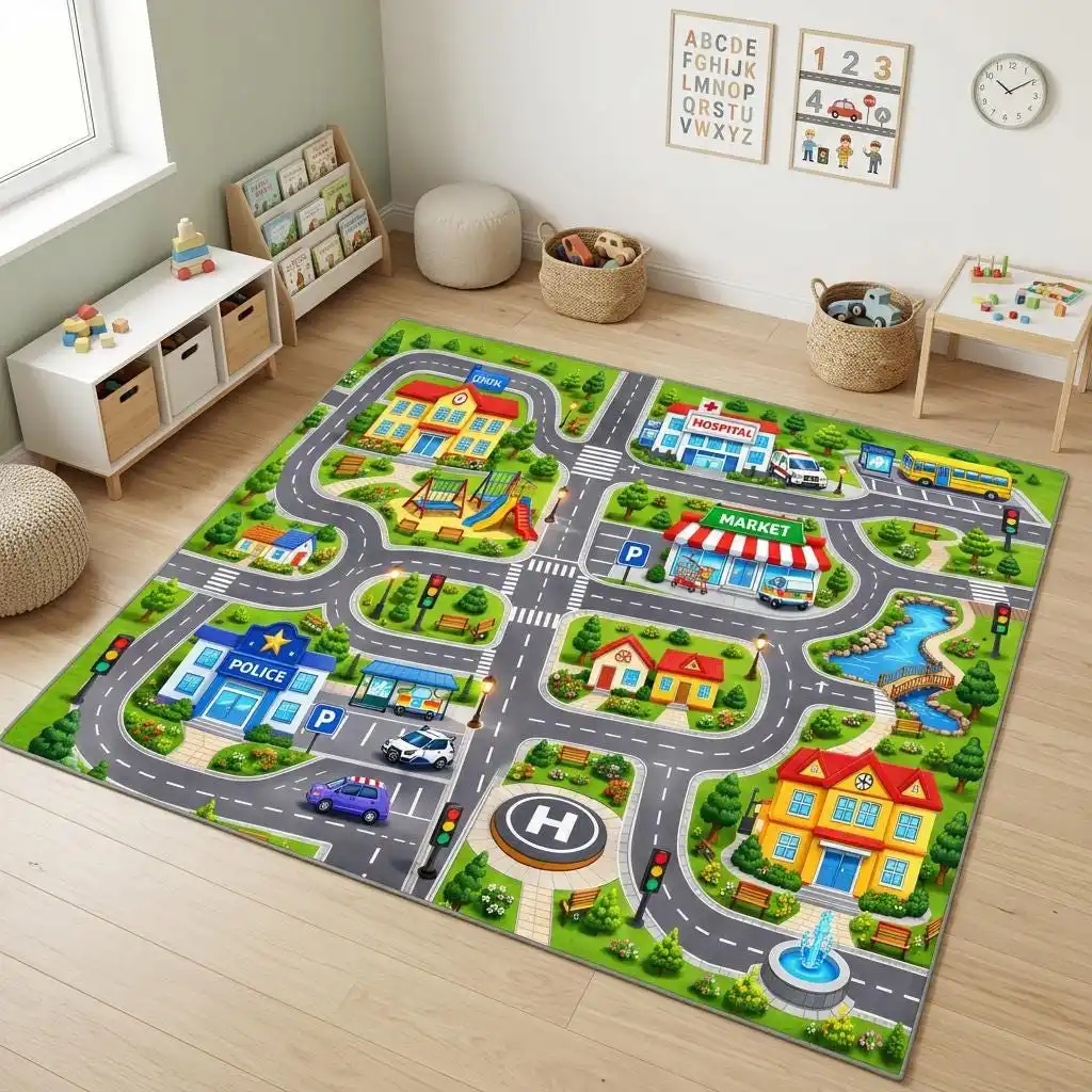 Urban Traffic Street Pattern Area Rug Interactive Town Map Printing Carpet Modern Game Playroom Lounge Cushion