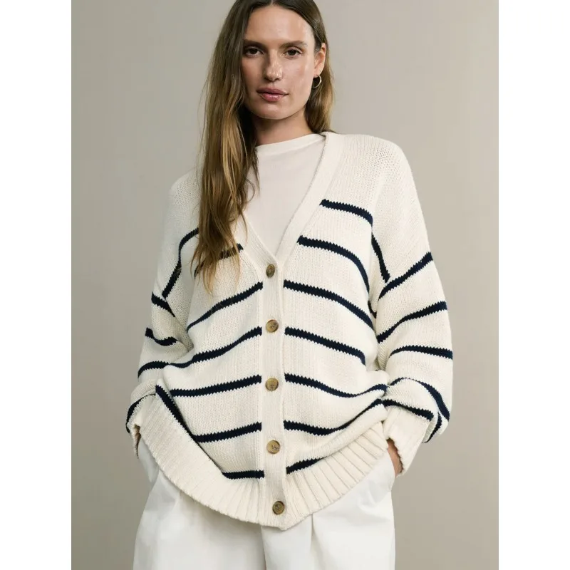 

2025Autumn Winter New Loose Women's Striped Knit Cardigan V Neck Cotton Thickened Warm Leisure Fit Female Sweater Top
