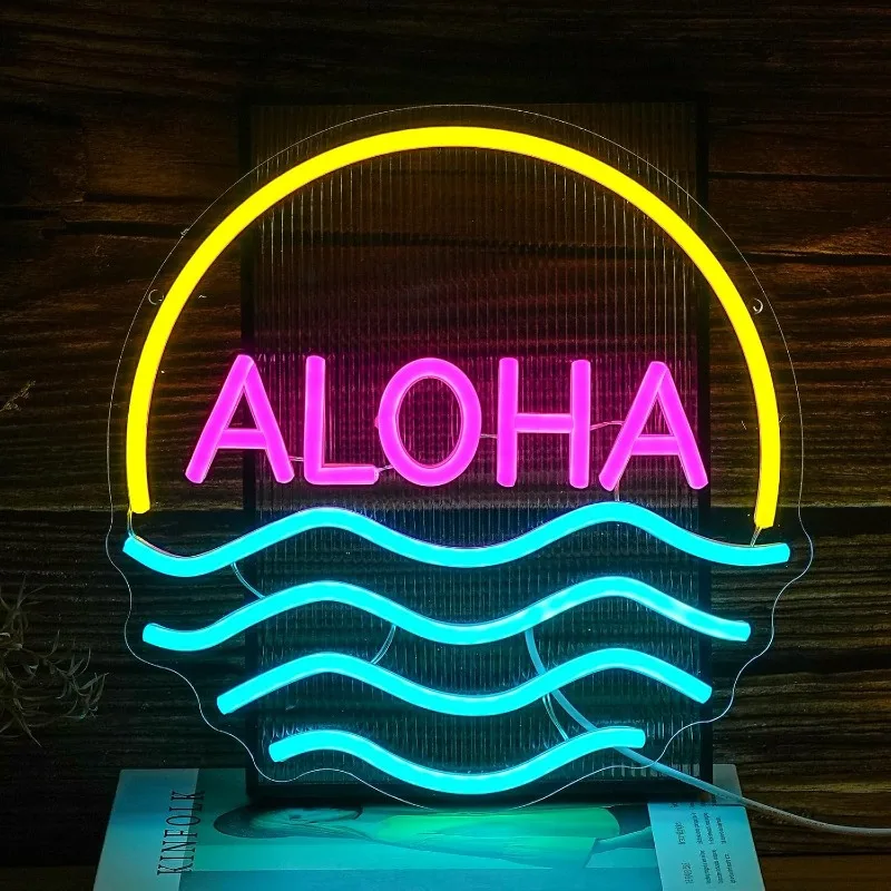 

Неоновая вывеска «Волна Алоха: Закат» с LED-подсветкой, креативный неоновый светильник, ночник, декор для дома и стен, украшение с изображением солнца, океана, коктейлей, пива, питание от USB