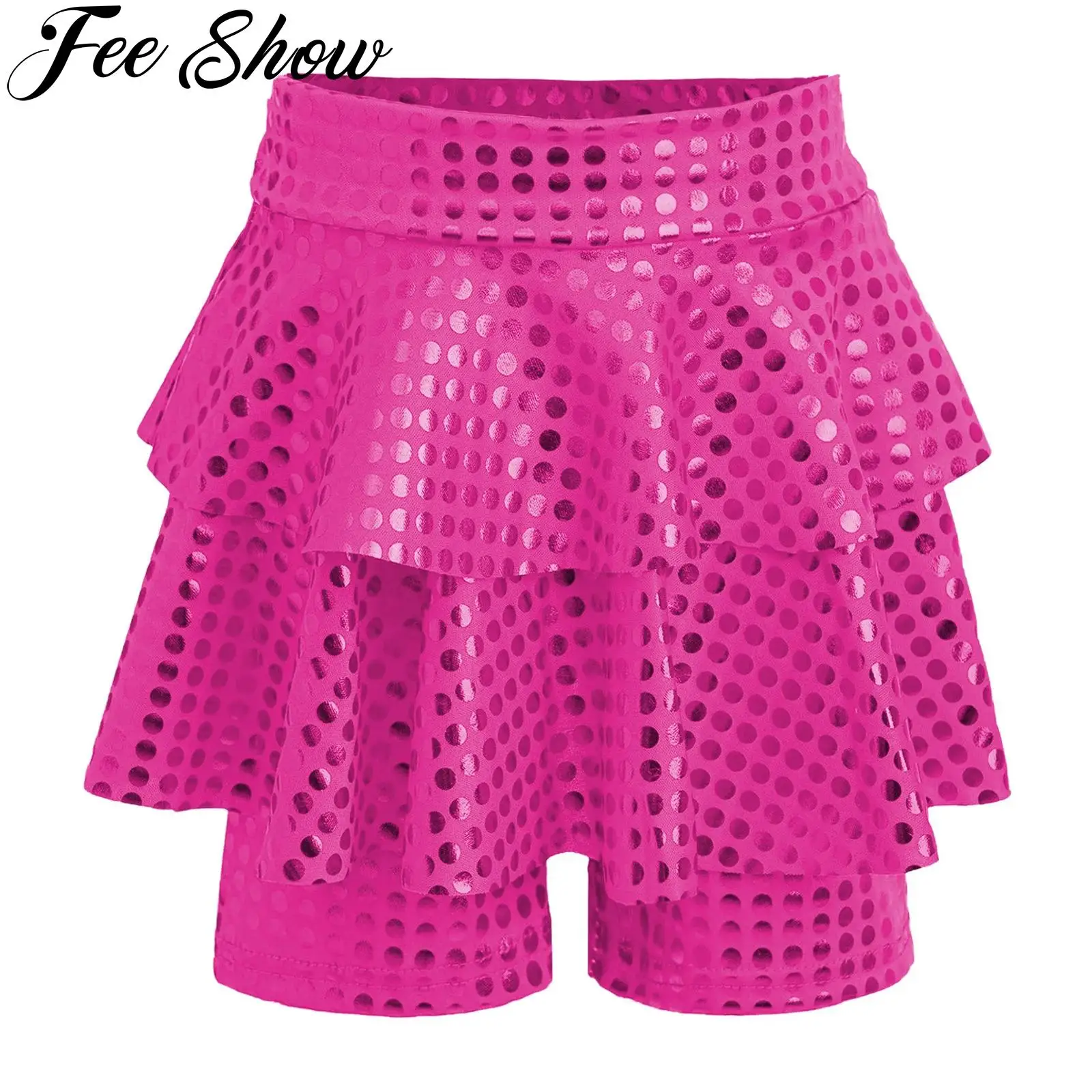 

Kids Girls Metallic Shiny Jazz Dance Skirted Shorts High Waist Elastic Waistband Athletic Skater Culotte Cheerleading Dancewear