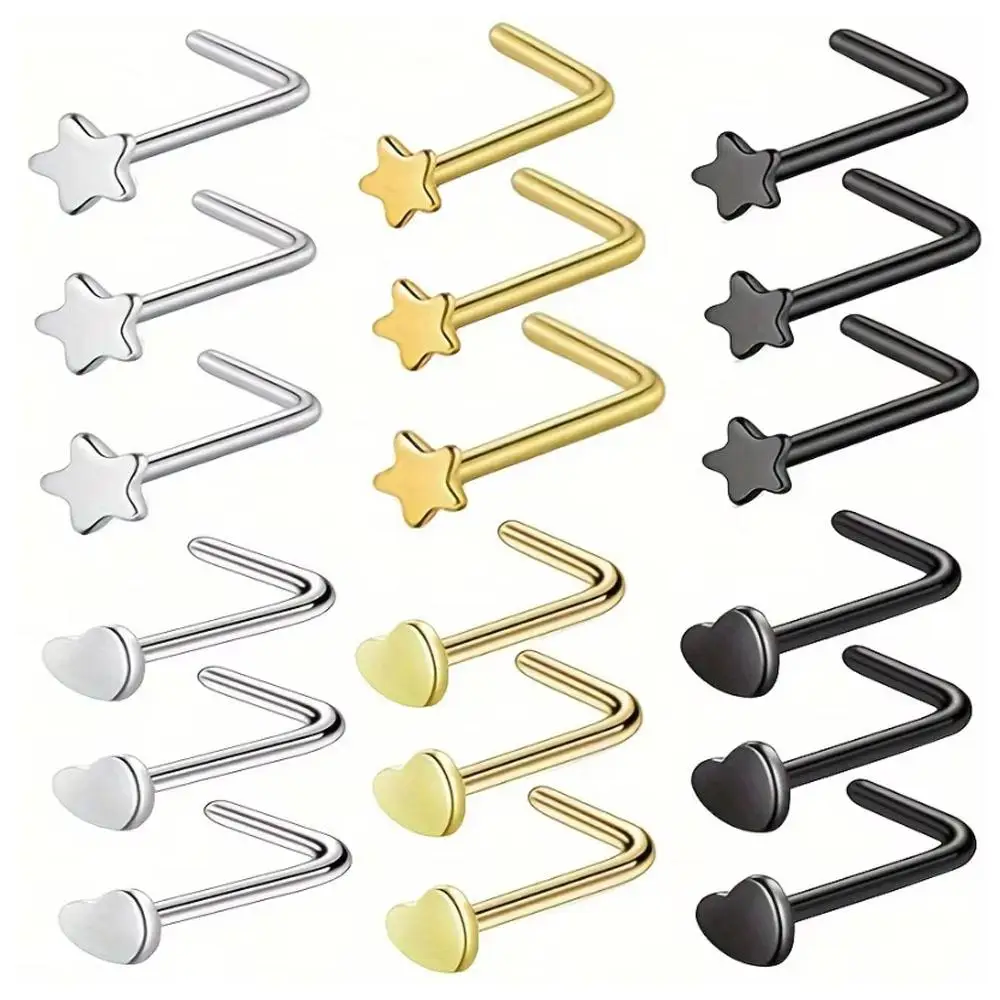 12pcs Set Stainless Steel Piercing Simple Round Zircon Nose Studs with Straight Bar L-bend S-Type Shiny Nose Stud Earring