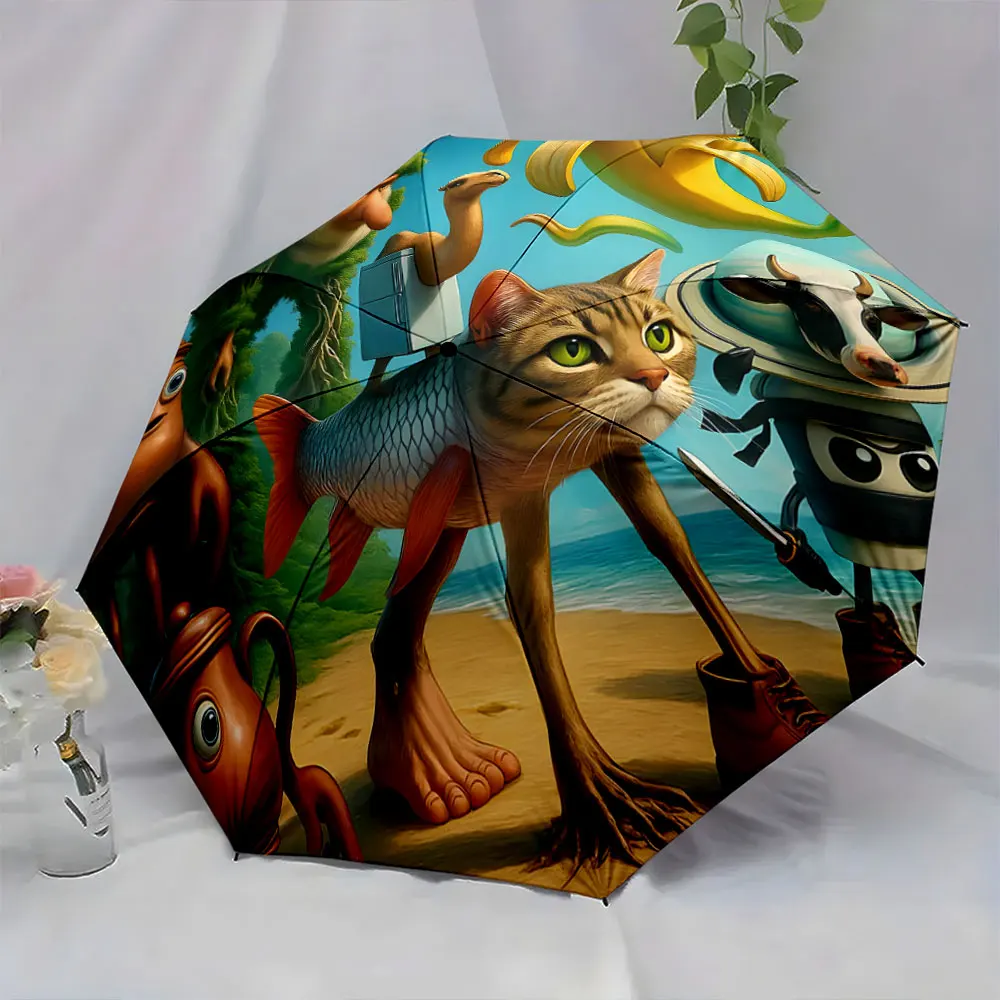 1PC Surreal animal and object design on a vibrant umbrella Print 8 Iron Ribs Folding Umbrella Auto-Open Fashion Sunshade
