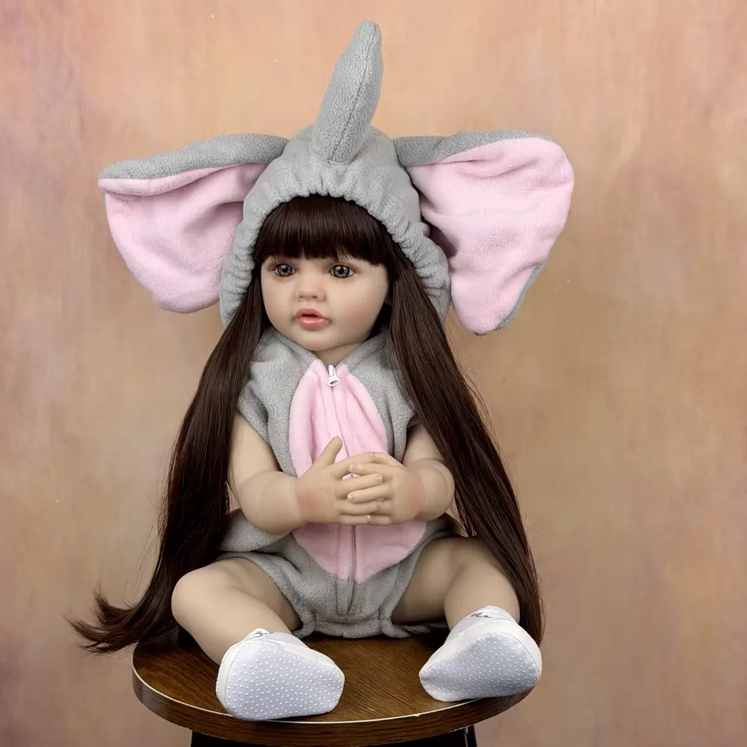 

BZDOLL 55 CM Full Vinyl Body Reborn Baby Doll Toy Dress Up Brown Long Hair Princess Toddler Sweet Doll Handmade Birthday Gift