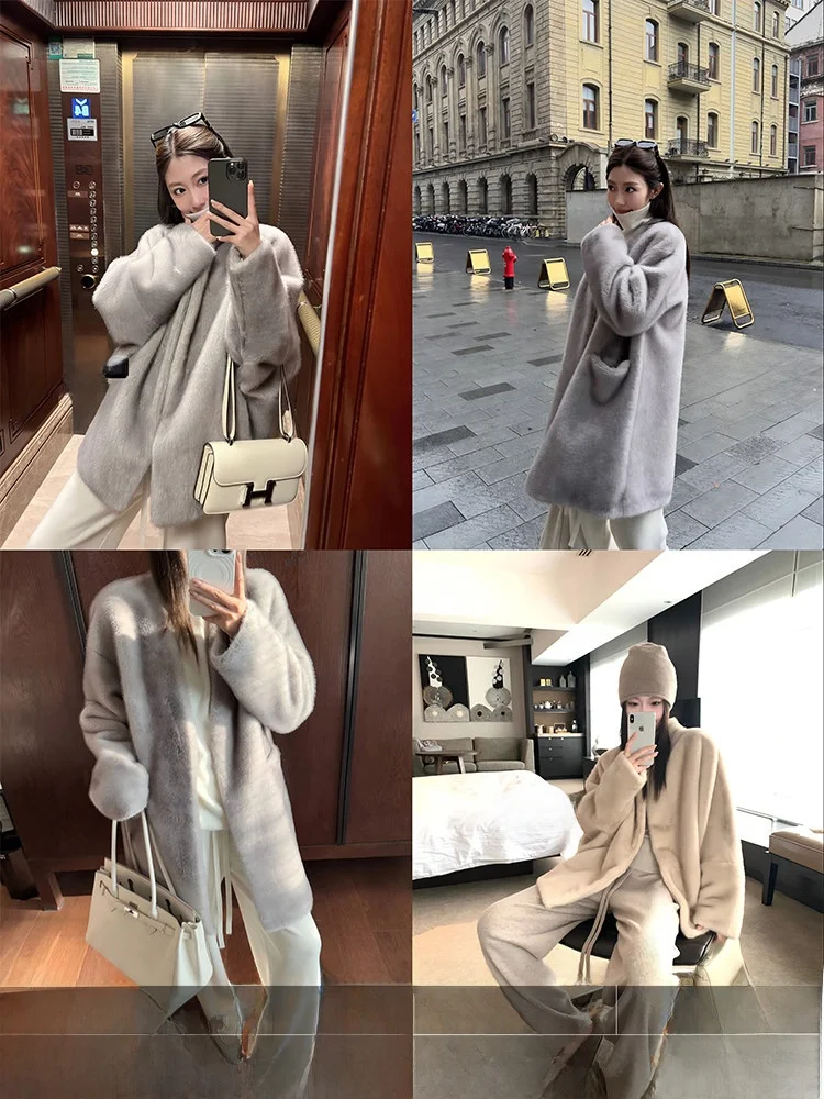 

Eco-Friendly Fur Jaet Women's Winter Loose Slimming Warmth Coat Double Version 4PRIL Long Sve Commute Sle
