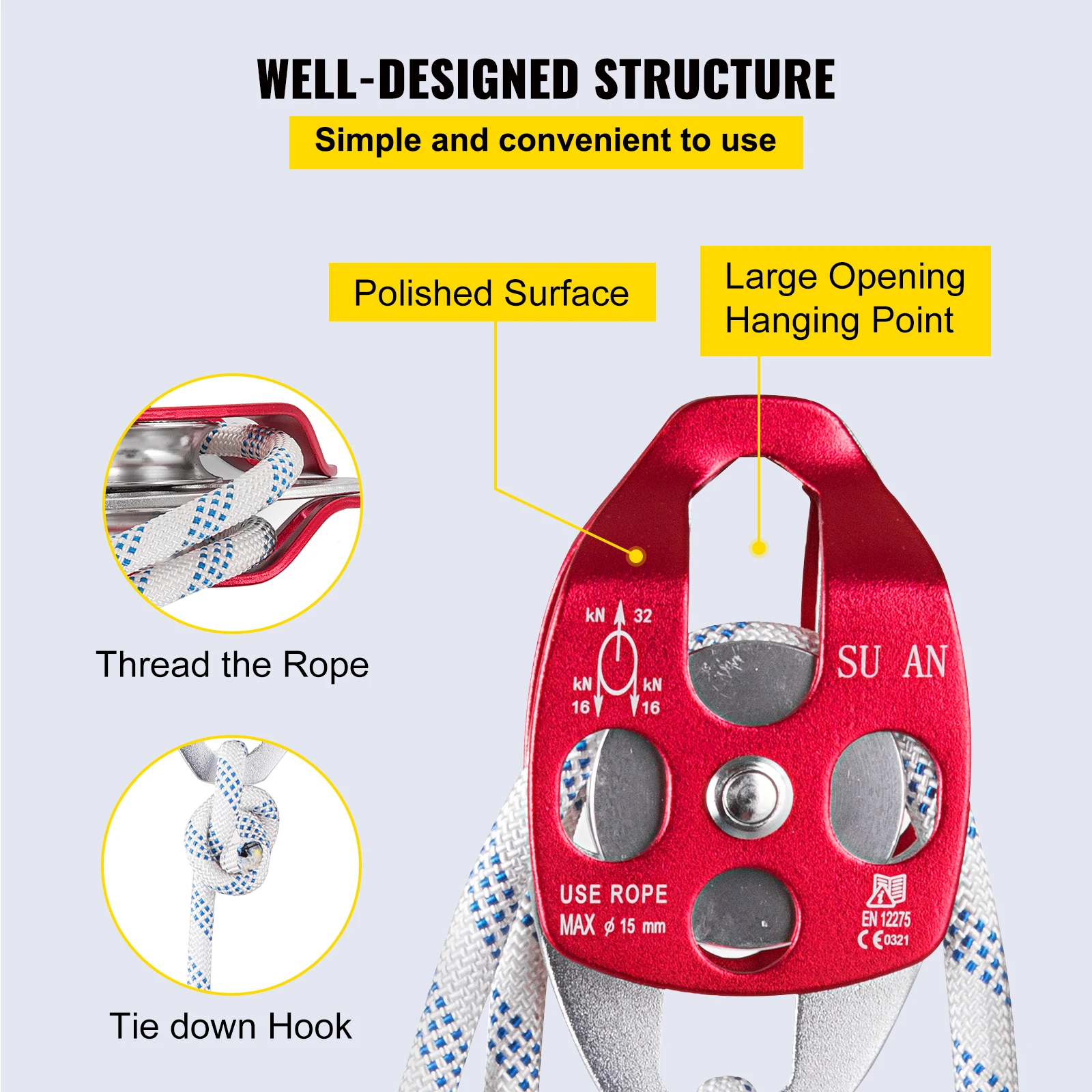 VEVOR Twin Sheave Block and Tackle 2/5-1/2 In 100-200 Ft Braid Rope 30-35KN 6600-7705 LBS Lifting Trellis Rigging Cargo Slings