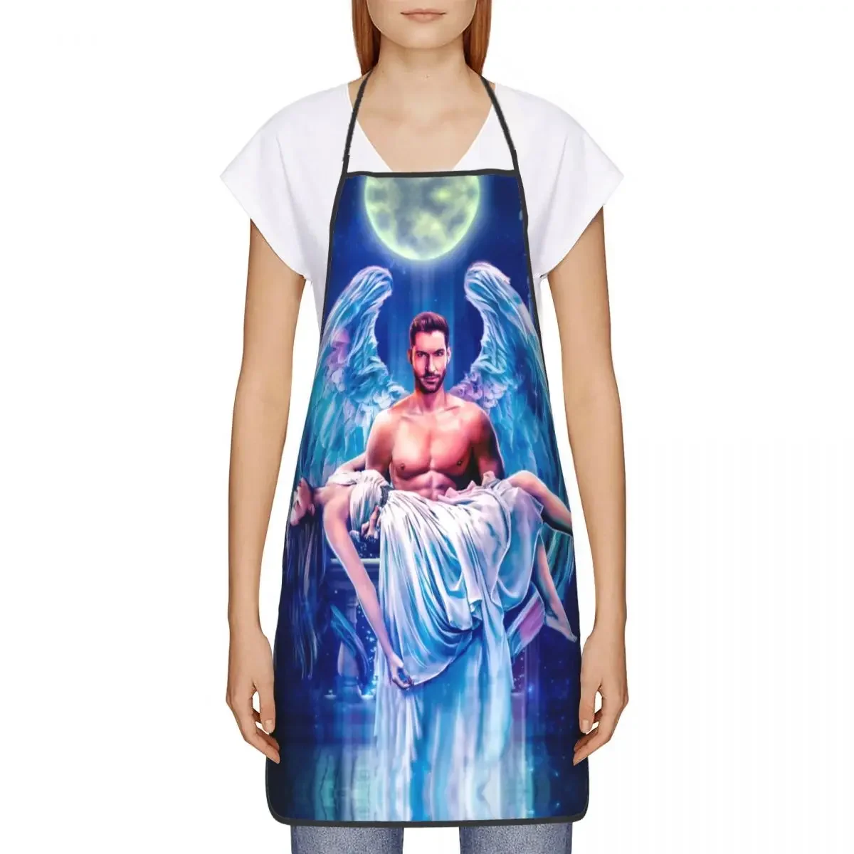 Unisex Lucifer Fantasy Wings Bib Apron Adult Women Men Chef Tablier Cuisine for Cooking Kitchen TV Show Painting