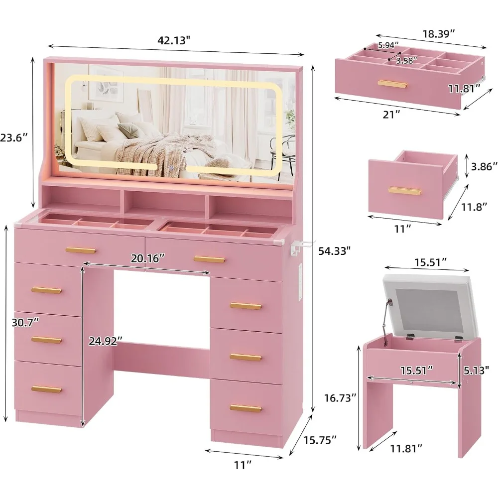 42 inch LED Makeup Vanity Desk Set with Large Mirror - Pink