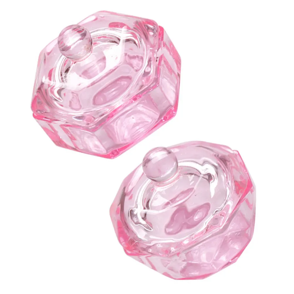 2Pcs Pink Crystal Nail Art Use Cup Manicure Glass Cup Thick Bottom Liquid Powder Mixing Pen Washing Nail Salon Supply