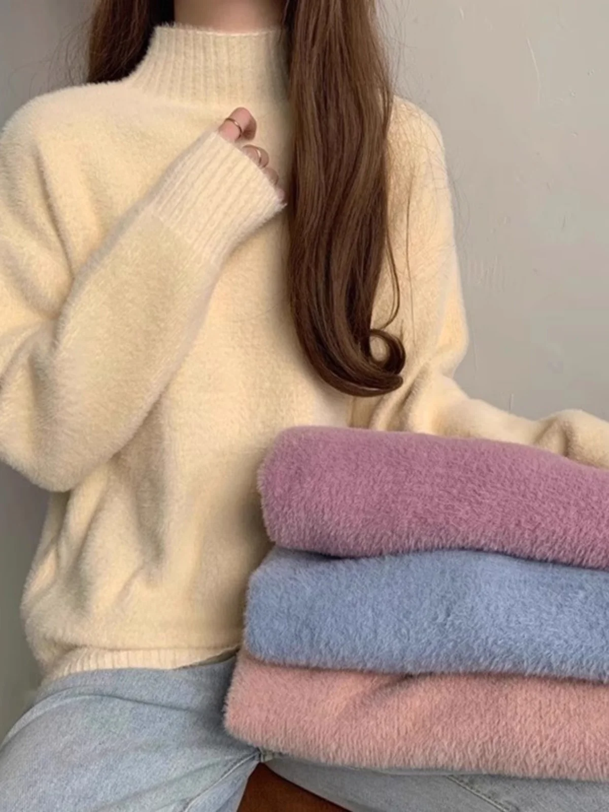 

Ladies' Knitted f-High Collar Sweater Faionable Thiened Woolen Base irt Simulated Mink Autumn Winter New Arrival