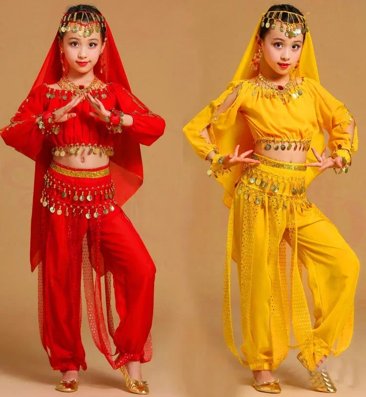Trajes de dança do ventre infantil para meninas, conjunto de trajes de dança de palco indiano oriental, 4 peças (camisa superior + lenço de cabeça + corrente de cintura + calça)