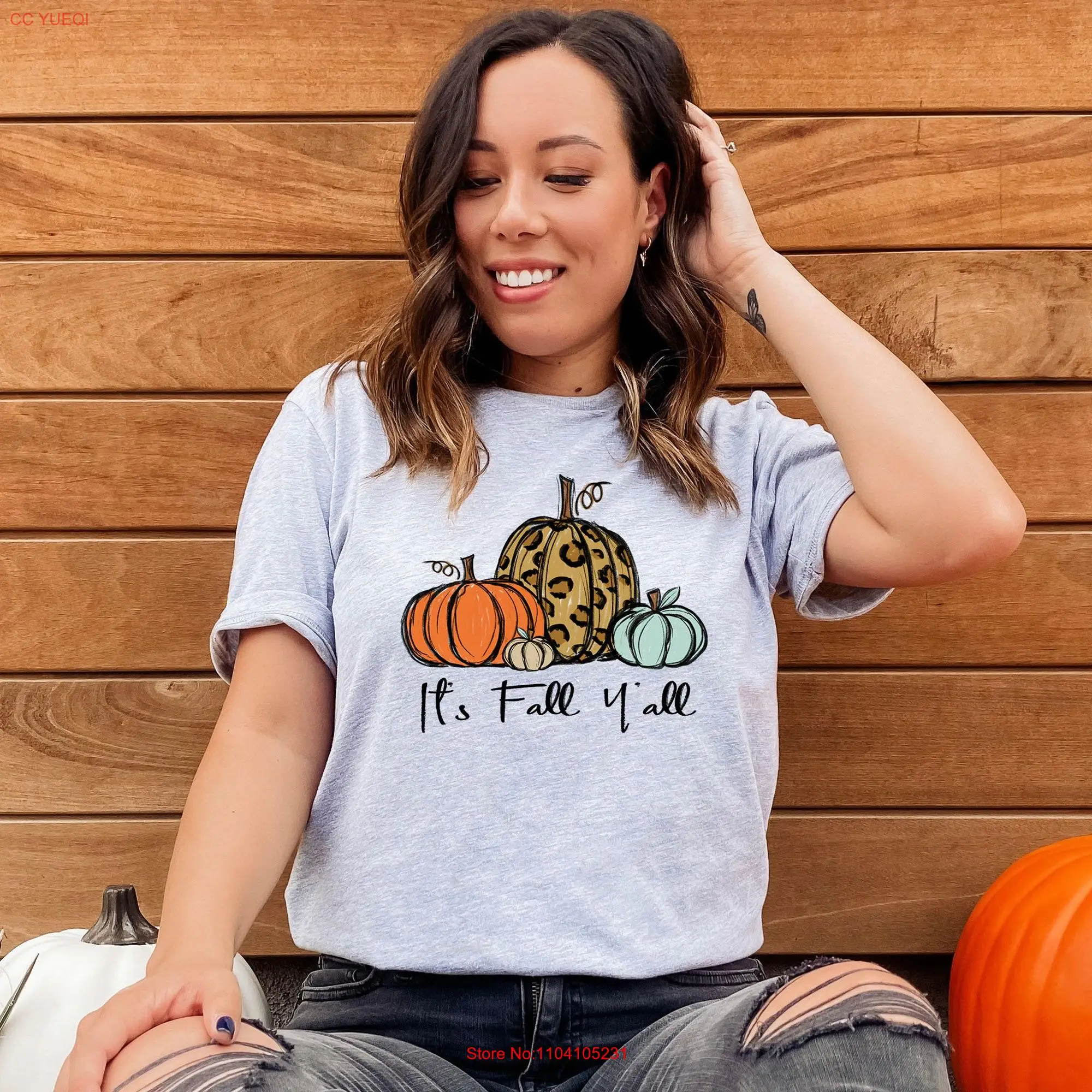 It's Fall Y'all T Shirt Womens Pumpkin Thanksgiving Vibes Cheetah for Her B126 long or short sleeves