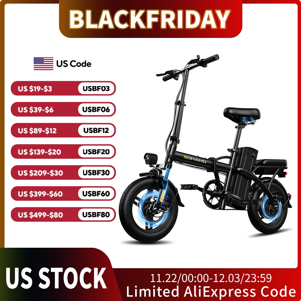 SOHAMO Electric Bike Bicycle Peak 600W Folding Ebike 21.7MPH Compact Electric Bicycle With Phone Holder 14'' Mini E-Bicycle Bike