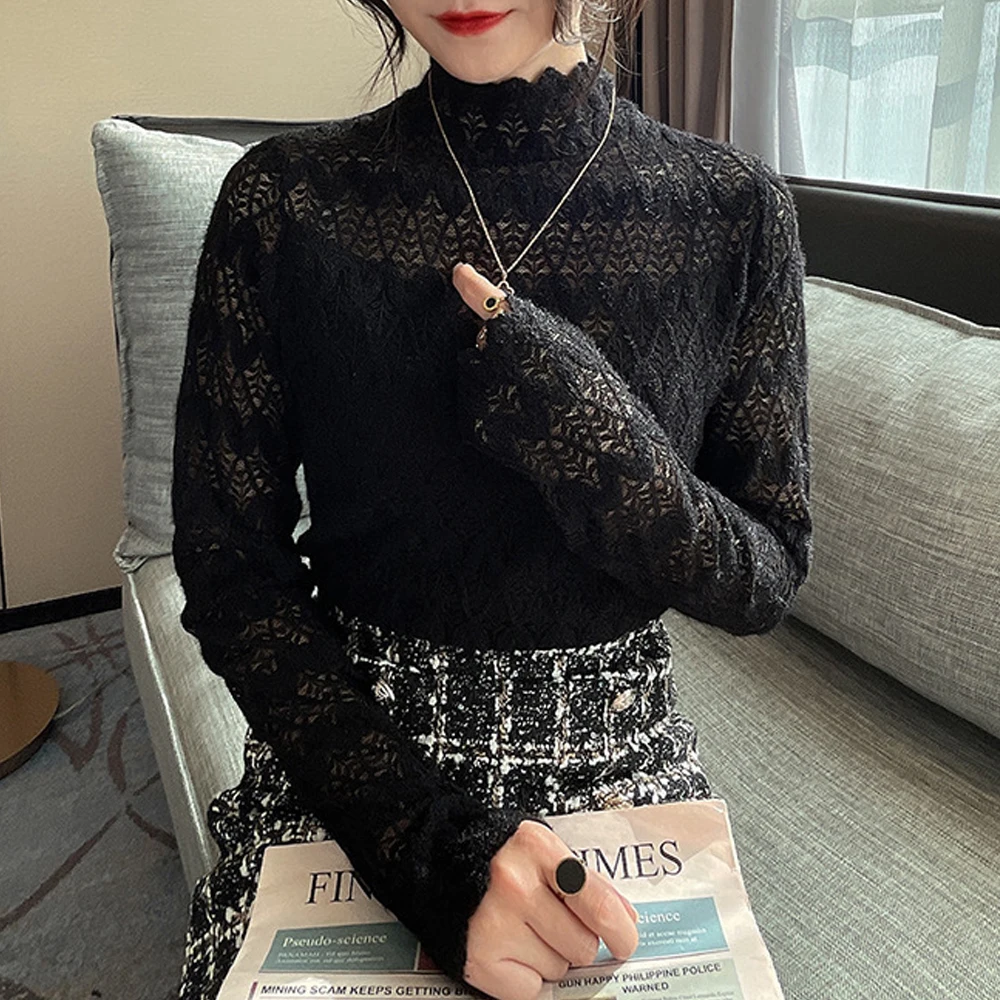 New Fashion Lace Sweater Turtleneck Long Sleeve Women T-shirt Slim Stretch Tops Ladies Sexy Tees S-2XL Black White Apricot Shirt