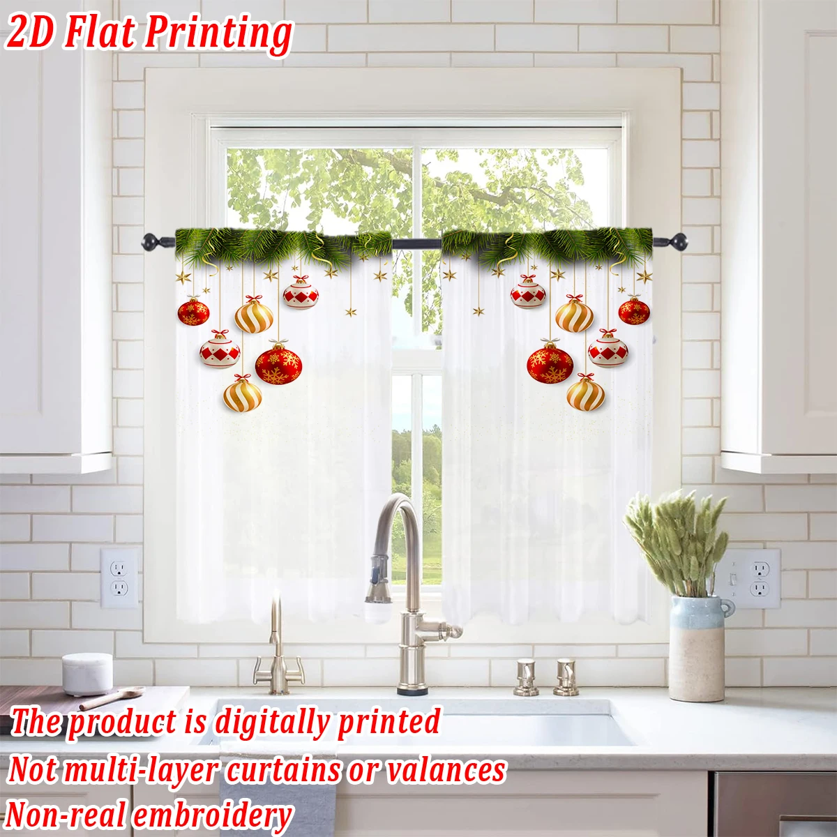 Christmas Flat Printing Kitchen Sheer Curtain with Merry Christmas Ball Star Pine Branch For Christmas Home Decor  Party