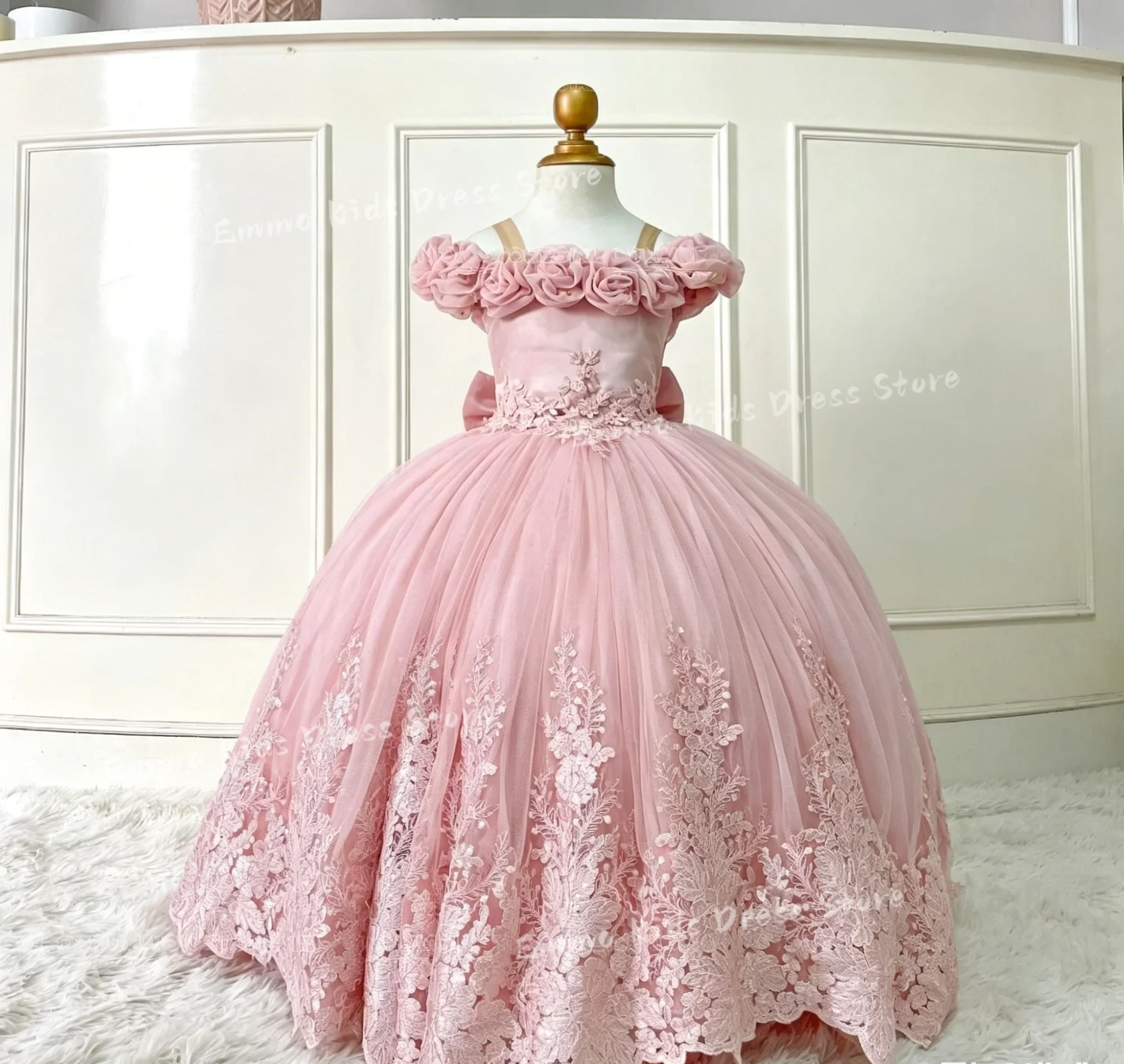 Royal Blue Luxury Customized Wedding Flower Girl Dress For  Off Shoulder 3D Flowers Lace Tulle Dress Kids First Communion Gowns