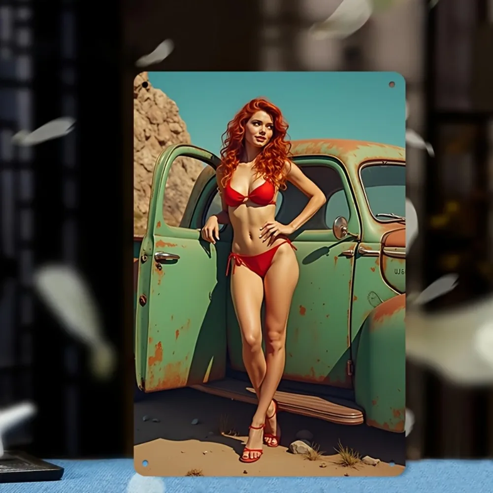 Vintage Redhead Pin Up Girl With Rusty Green Old Truck Metal Tin Sign Retro Iron Plaque Garage Bar Man Cave Wall Decor 8x12 Inch