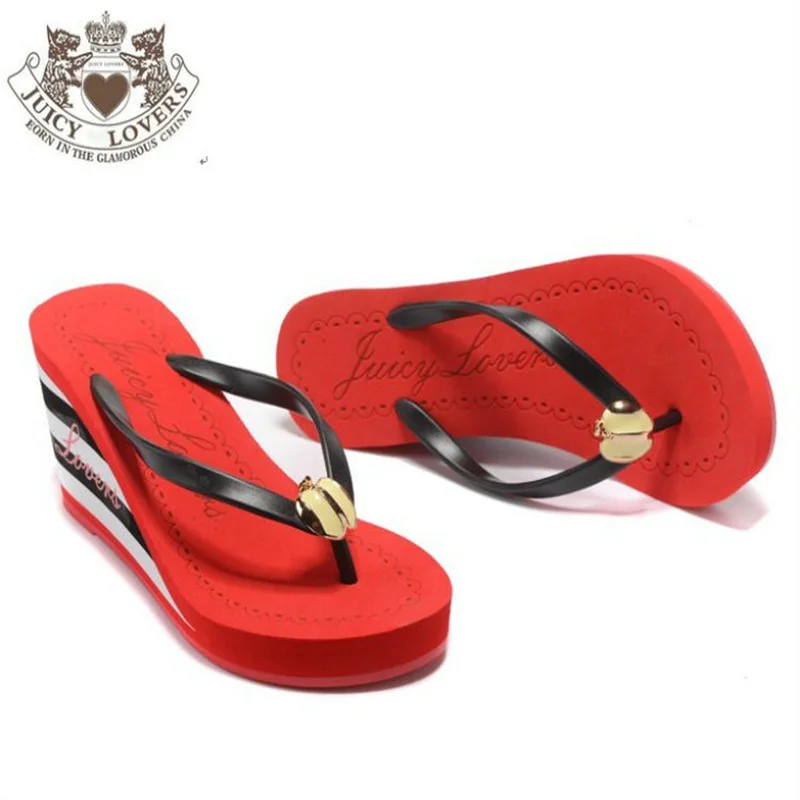 Juicy Lovers Brand Red Black Pink Summer Slippers Wedges Flat Casual Beach Slipper Sandals Outside Sportswear Women Flip Flops