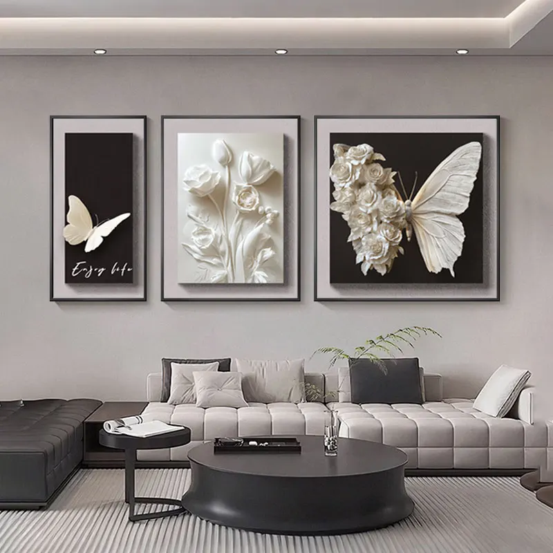 Black and white butterfly living room decorative painting advanced sofa background wall hanging painting modern light luxury flo