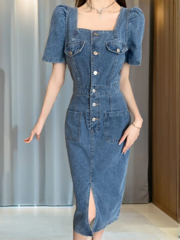 2024 New High Waist Square Collar French Vintage Denim Dresses for Women Blue Elegant Single Breasted Slim Vestidos Fashion Dre