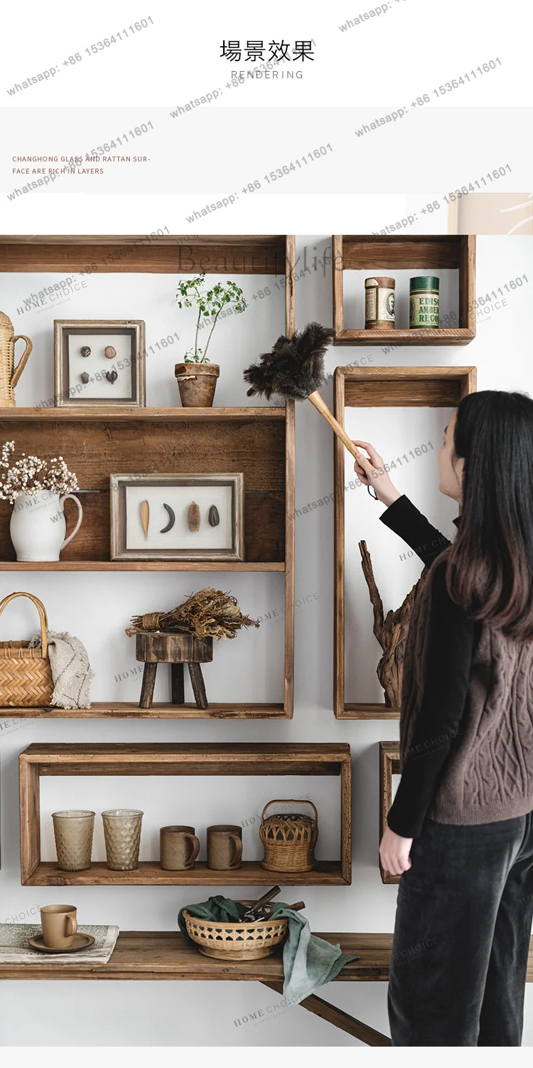 YJ Home Solid wood wall-mounted bookshelf Free combination Lattice cabinet Hanging cabinet Shelf layer Wall display