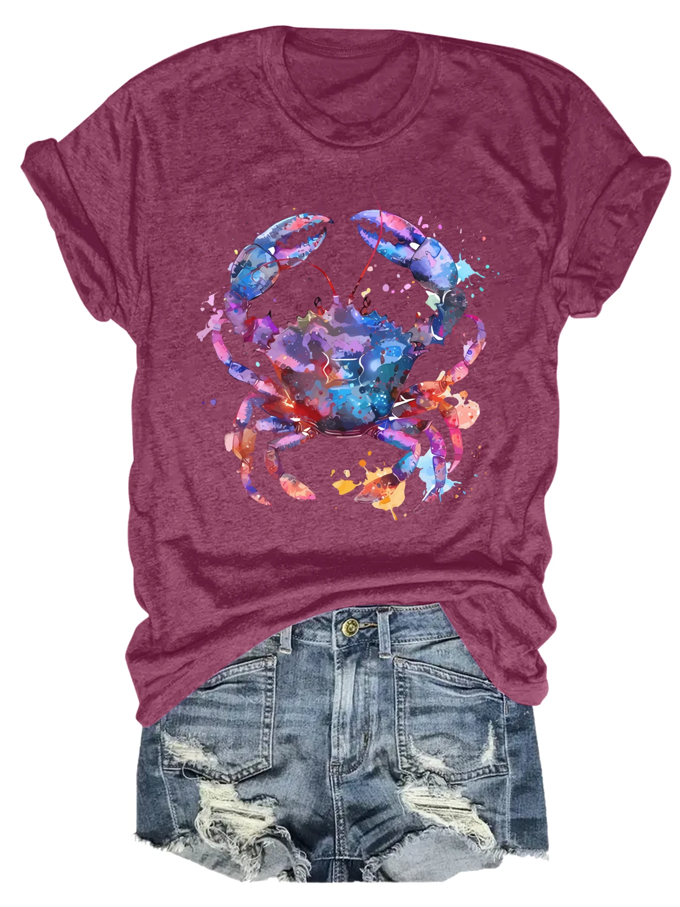

Plus size women's short sleeve T-shirt Colorful Crab Watercolor Art Design comfortable soft fabric summer outfit women's