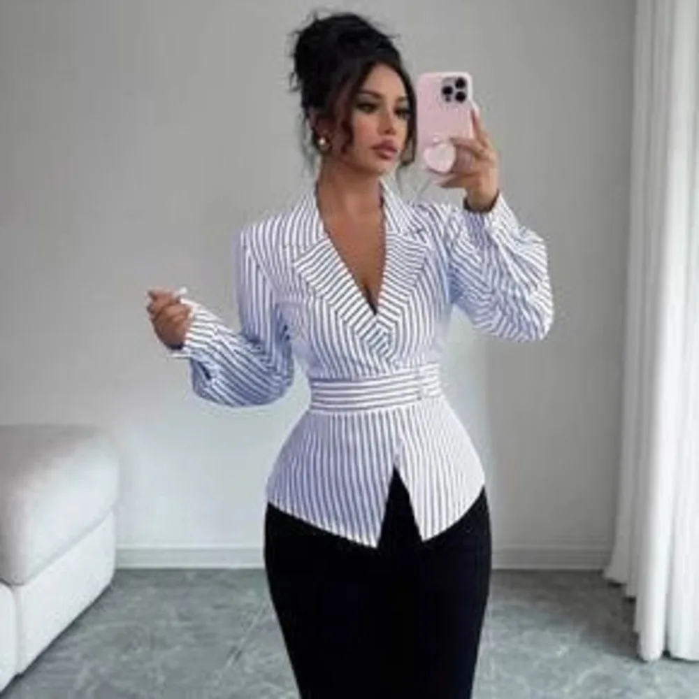 2026 Commuting Elegant Style Women's Striped Long Sleeve Asymmetrical Collar Cross-over Shirt Autumn Women's Fashion Versatile