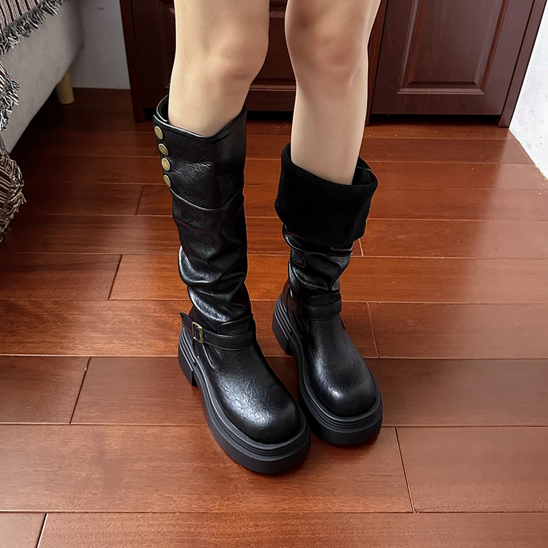 Autumn Winter Platform Thick Bottom Women Long Boots Fashion Slip On Shoes Vintage Ladies Knight Botas