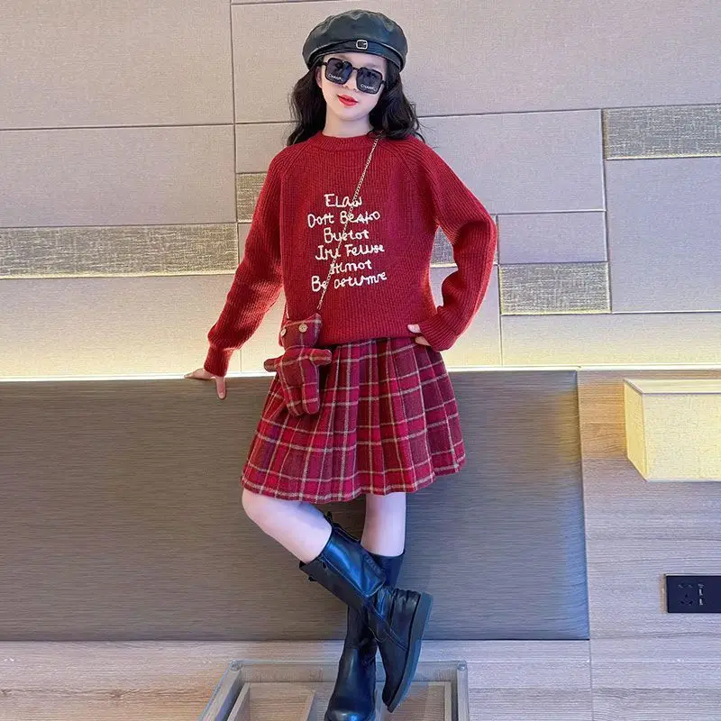 2026 autumn winter Girls set Cloth red teenager checked knitted sweatshirt + plaid mini pleated skirt 4 8 5 10 12 14 new year