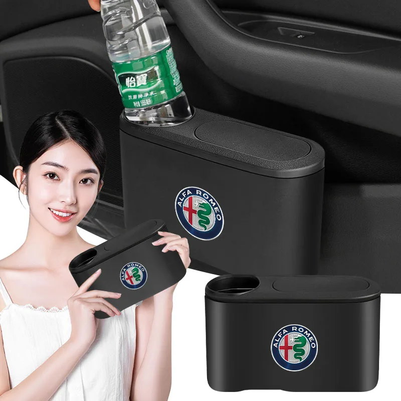 

Car Universal Trash Bin Storage Box Hanging Trash Can With Drink Holder For Alfa Romeo 147 Giulietta Giulia Mito Spider Alpha