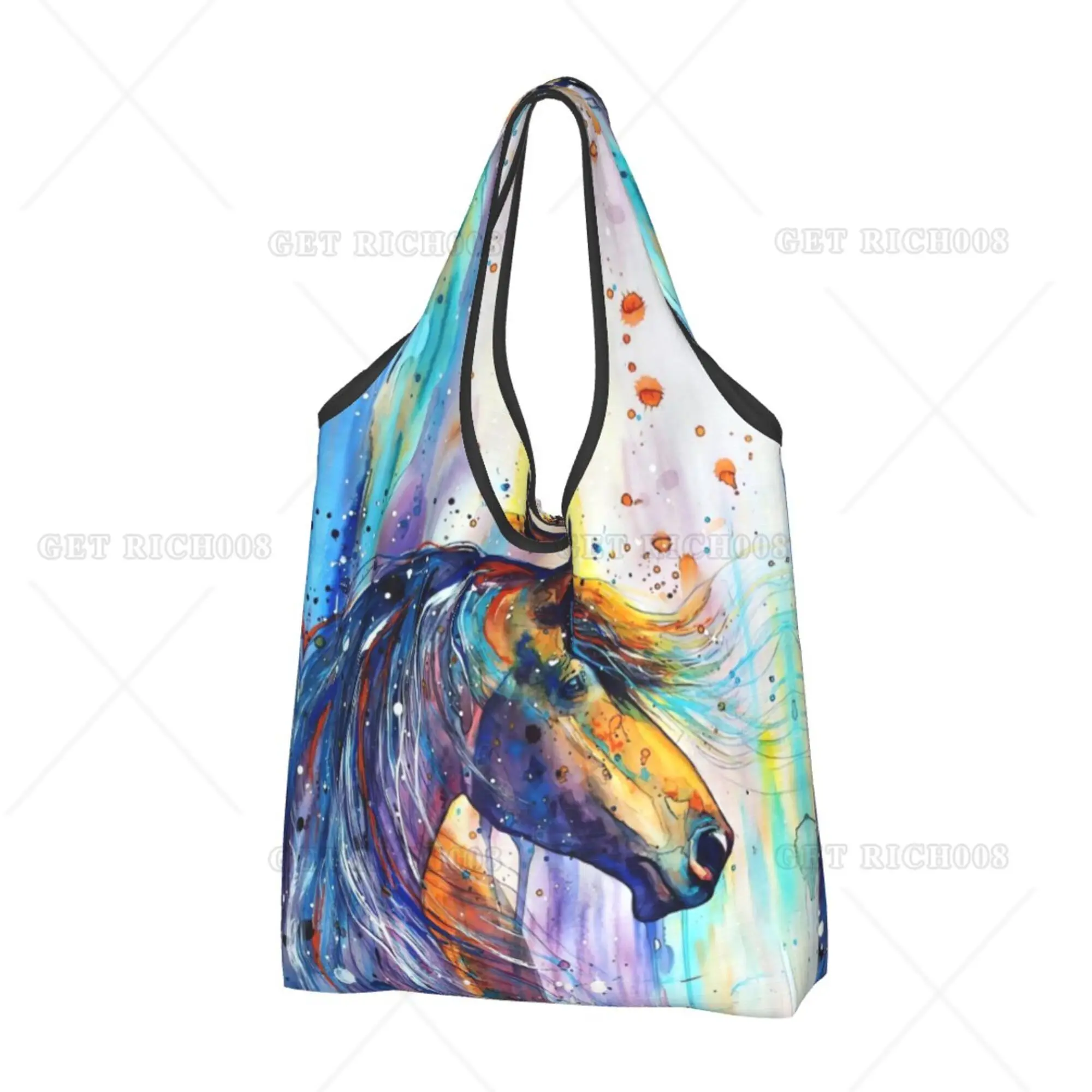 Bolso de compras plegable abstracto de caballo colorido para mujer, bolsos de mano para supermercado al aire libre, sin cremallera, moda, un tamaño, ecológico