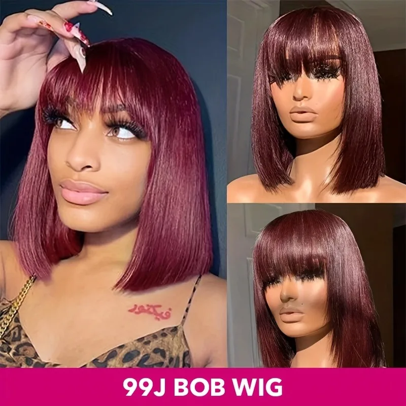 

Short Bob Layered Straight Lace Front Wig With Bangs Burgundy Red 13X4 HD Lace Frontal Wig Synthetic Heat Resistant PrePlucked