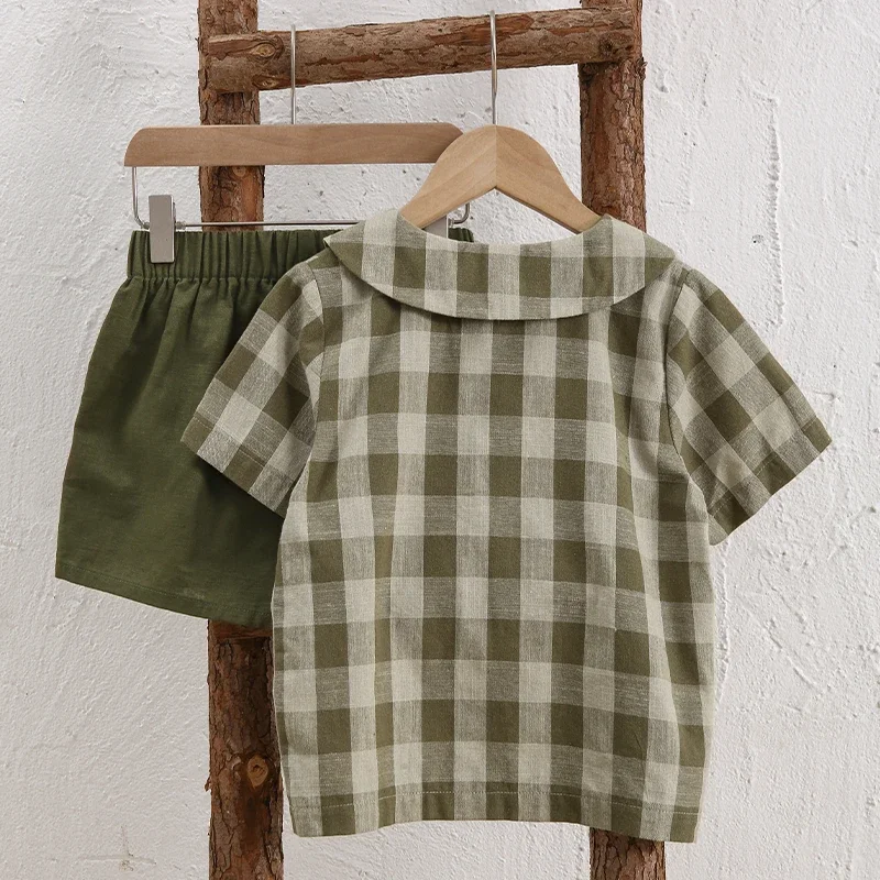 Camicia a quadri verde in lino di cotone retrò per ragazze estate giapponese nuovi bambini cravatta stile College colletto per bambole t-Shirt a