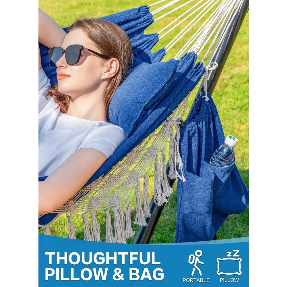 أرجوحة مزدوجة مع حامل للاستخدام الخارجي والداخلي، نمط شرابة مصنوع يدويًا، يدعم ما يصل إلى 450 رطل، تتضمن وسادة وتخزين