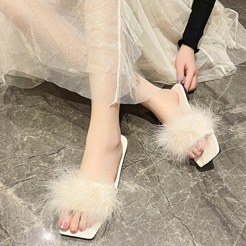 Lucyever Blue Summer Flat Fur Slipper Women 2023 Soft Bottom Non Slip Slides Shoes Woman Fashion Square Toe Fluffy Slippers