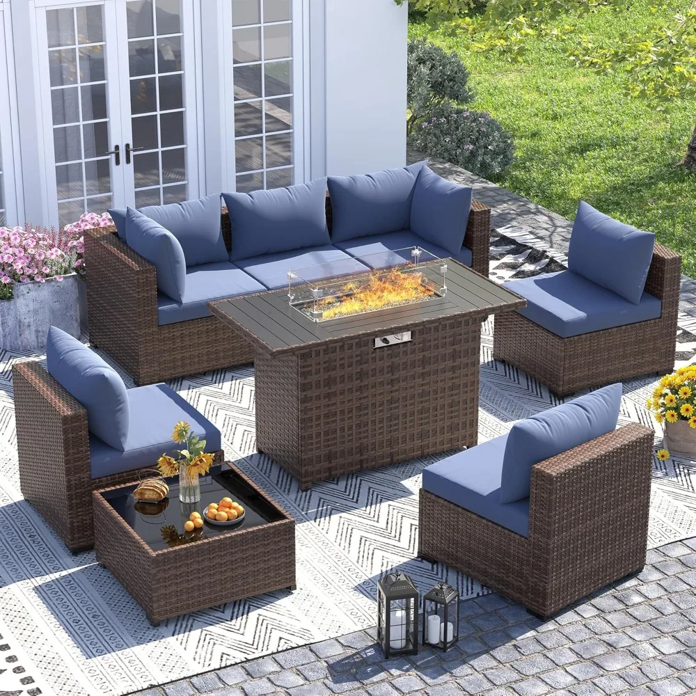 

Outdoor Patio Furniture Set with Fire Pit Table, 8 Piece Outdoor Sectional Sofas, All-Weather Wicker Patio Conversation Set