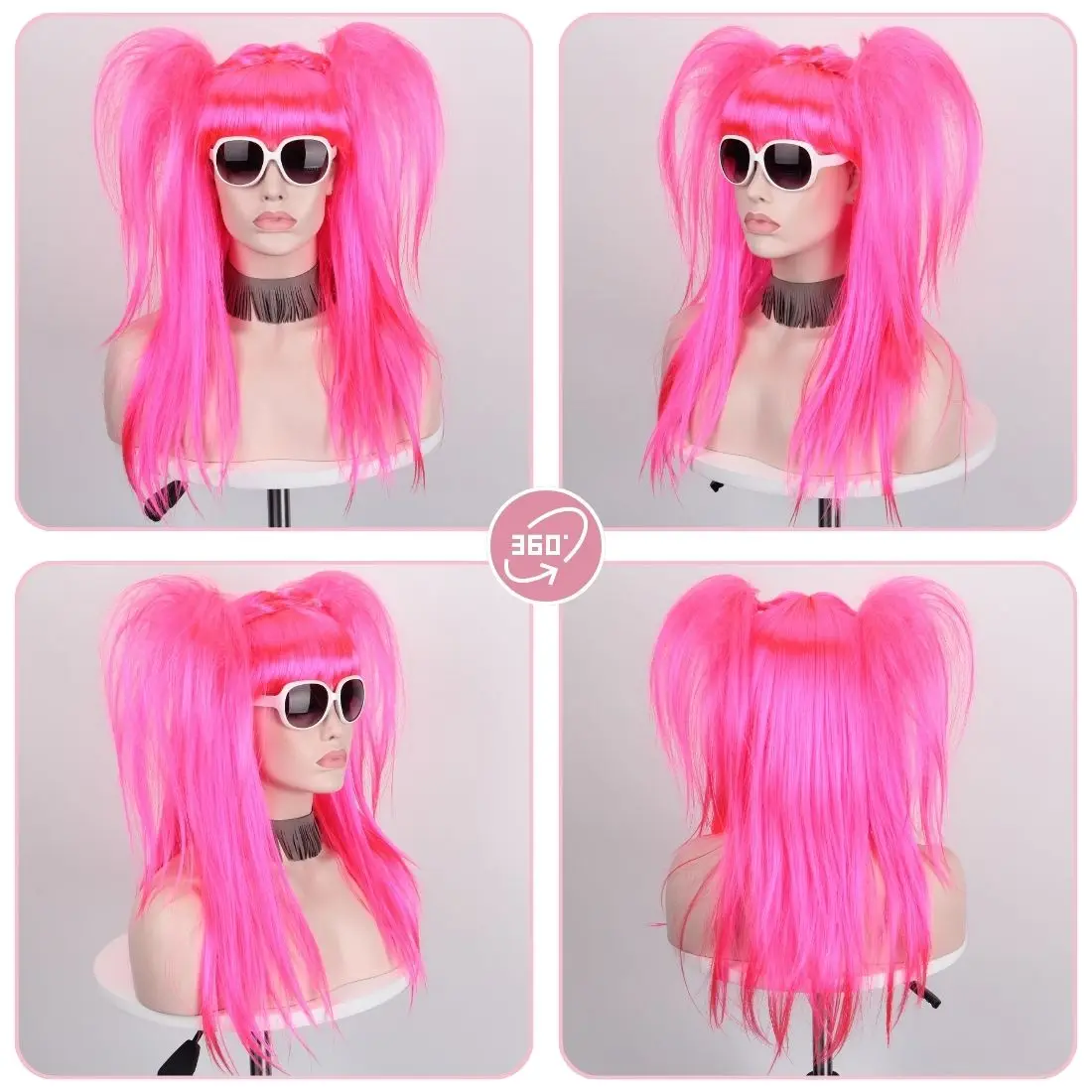 Rose Red Double Pferdeschwanz Lange Gerade Synthetische Perücke für Frauen Cosplay Kostüm Party Geschenke – Detail 5