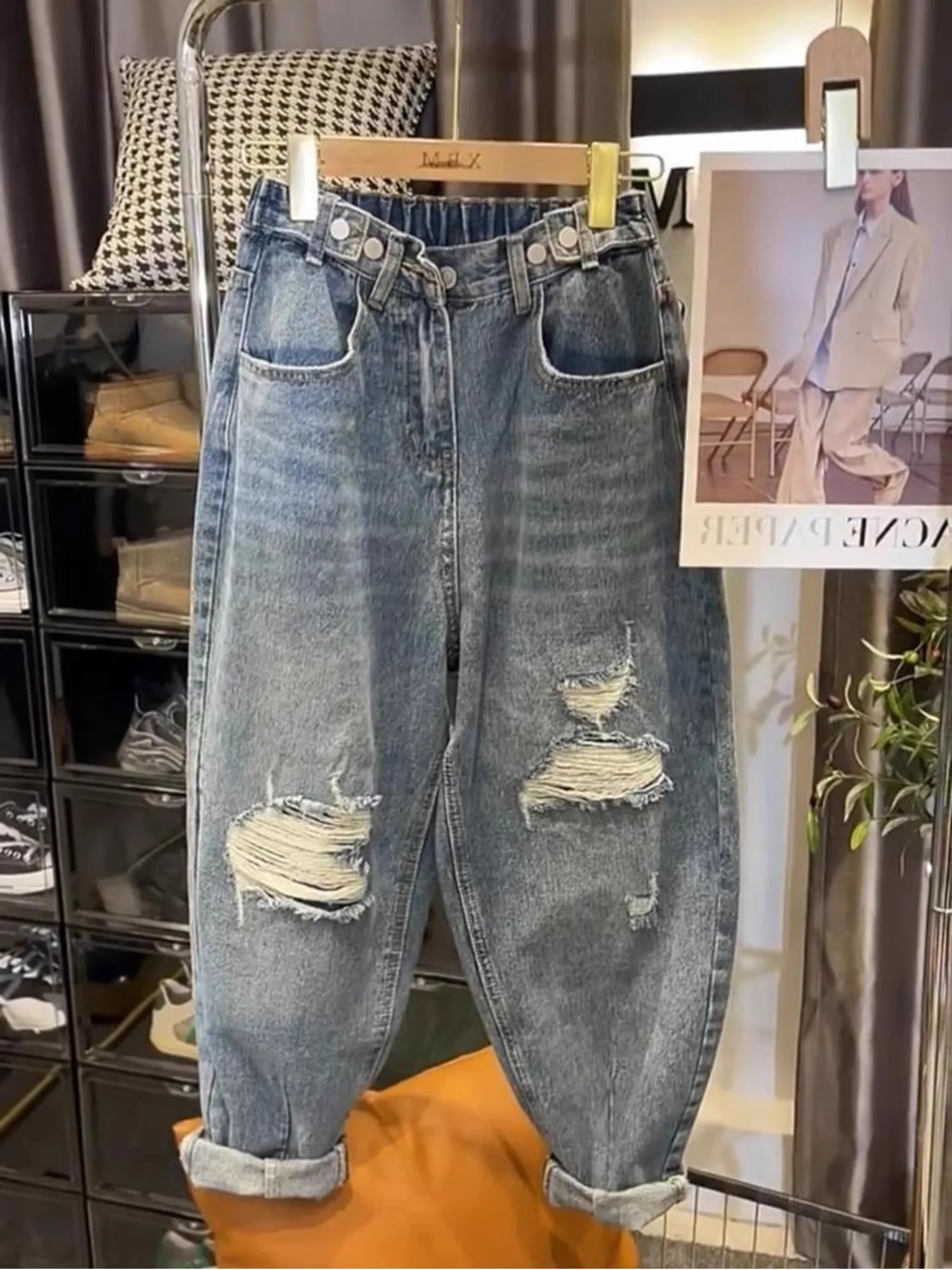 High Waist Loose Fit Summer Thin Denim Jeans Men's plus Size 300 Pounds Hole Punching Slimming Nine Point Straight Lazy Style...