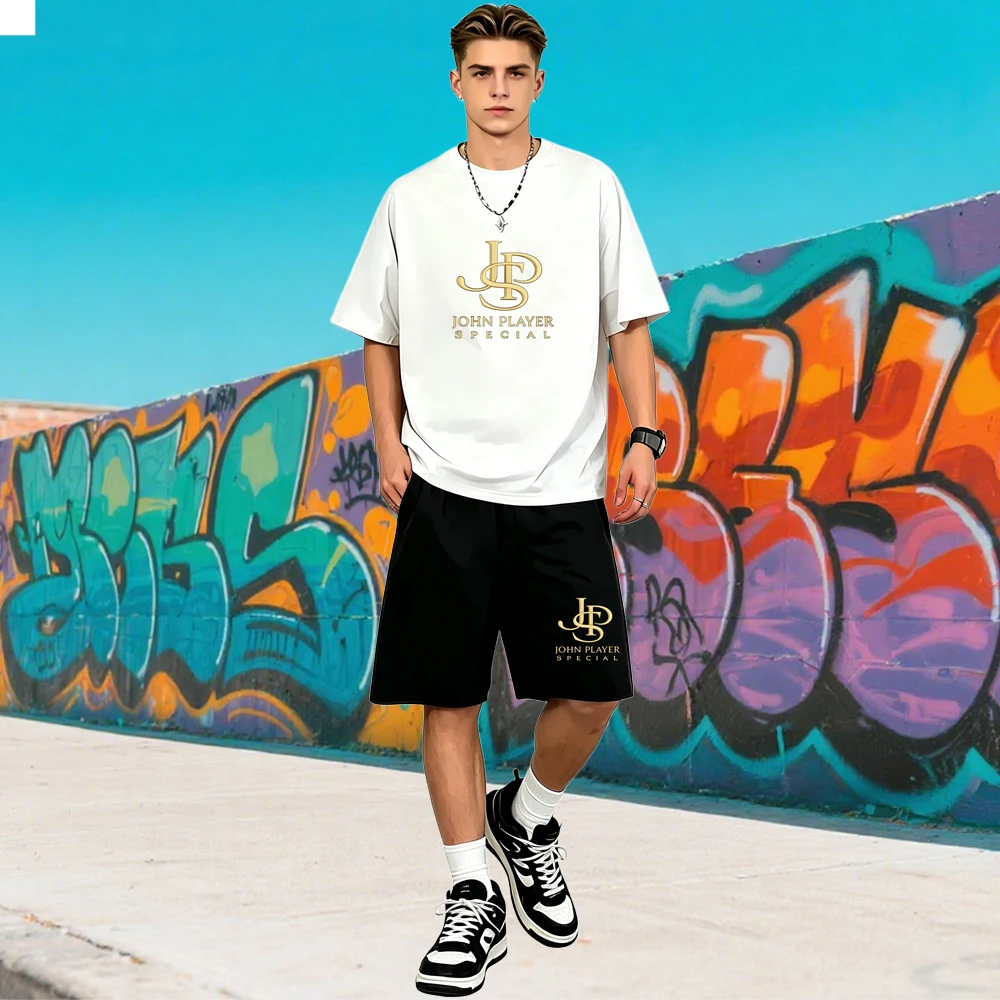 

Men's Summer Streetwear Two Piece Sets Quick Dry Hip Hop Loose Short Sleeve T-Shirts + Shorts Rapper Fitness Sports Casual Suits