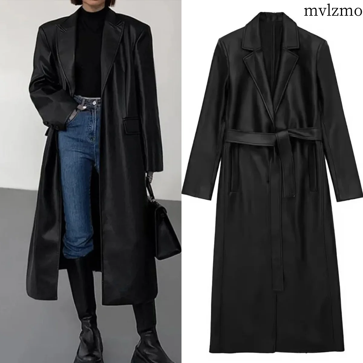 Spring Black Oversized Long Waterproof Leather Trench Coat 2024 Women\'s Long Sleeve Loose Korean Fashion Clothing