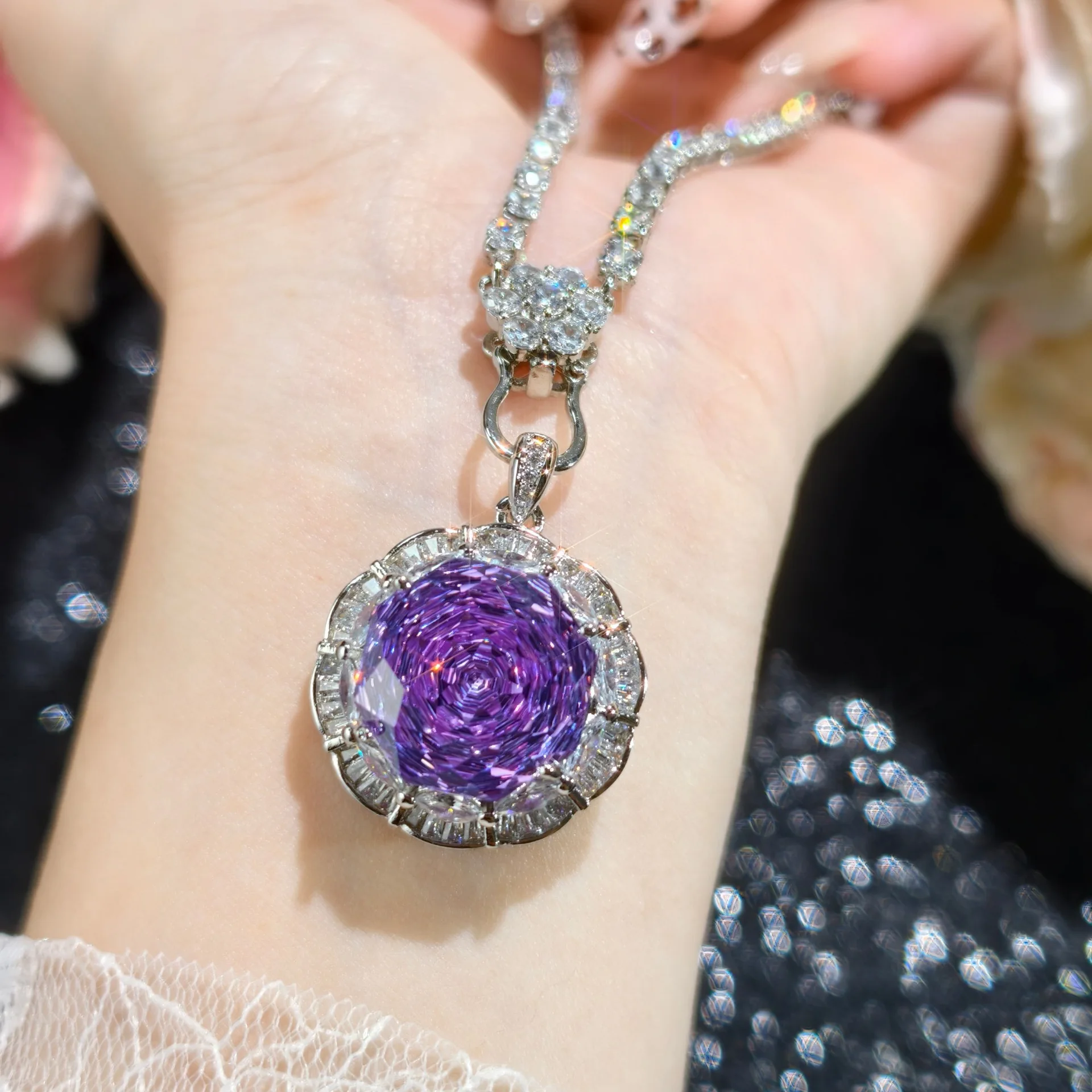 

Luxury Crystal Rose Flower Necklace Women Jewelry Set Temperament Purple Stone Pendant For Lady Engagement Accessories Gift