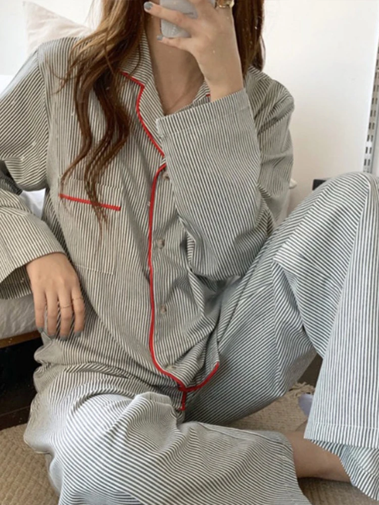 Korean Fashion Striped Leisure Wear Pajama 2 Piece Set Women Nightgown Cosplay Sexy Pajama 2024 New Autumn Winter Pajama Sets