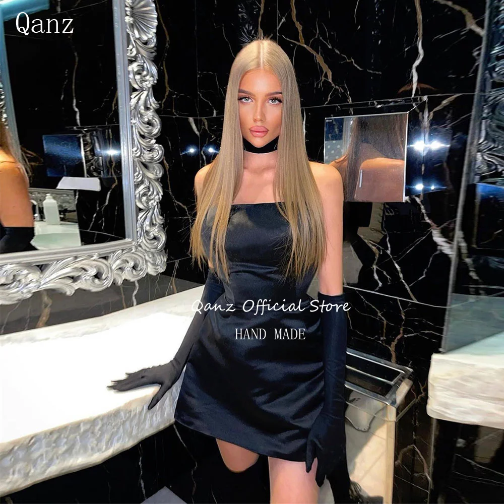 Qanz Black Soft Satin Prom Dress with Gloves Lace Up Back Mini Above Knee Sexy Vestido De Formatura Robe Bal Masqué Customized