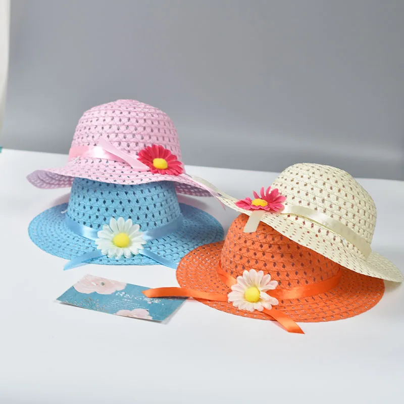 Kids Girls Large Wide Brim Straw Woven Sun Protection Beach Hat Colorful Pompom Ball Summer Floppy Bucket Cap Portable Handbag image 4